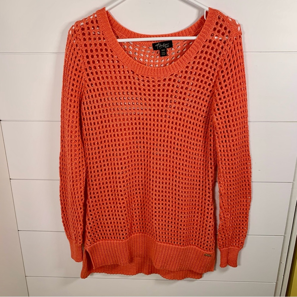 Thalia‎ Sodi Open Knit Sweater Coral Gold Beach Swim Coverup Sz M Crochet Summer